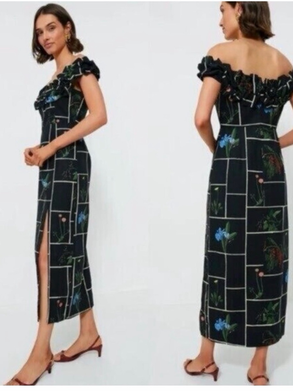 Tuckernuck Off-Shoulder Black Floral Grid Midi Dress